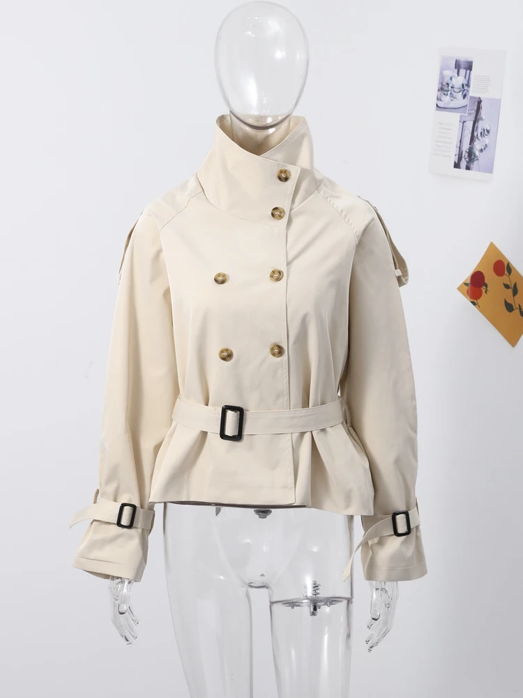 الكاكي خندق معطف المرأة مزدوجة الصدر سترة امرأة الوقوف طوق كم كامل جيب 2025 الخريف ملابس خارجية فضفاضة غير رسمية سيدة #5