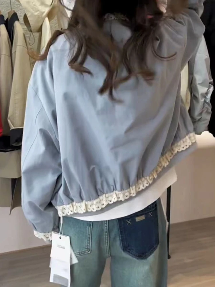 Giacca da baseball corta in pizzo con colletto alla coreana stile coreano Capispalla casual slim fit alla moda primaverile 2025 da donna