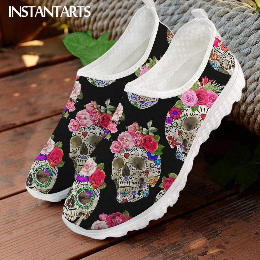 Zapatos planos con estampado 3D de calavera colorida para mujer, Zapatillas de malla transpirable AF, mocasines sin cordones para exteriores de verano