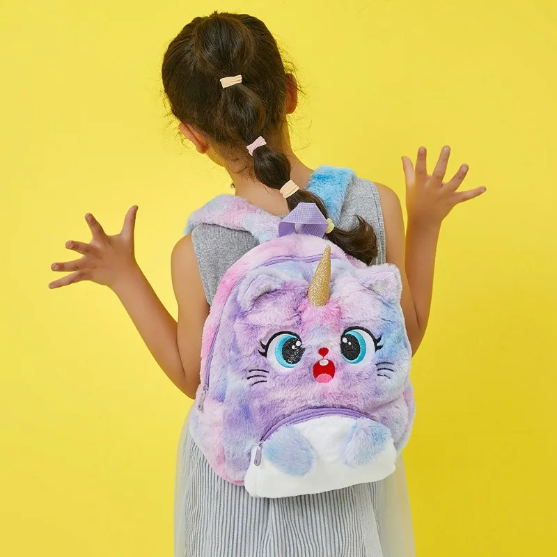 Cartoon Plush Big Eyes Backpack, Little Princess Cat Bag, Kindergarten School Bag, Unicorn Mochilas para Toddler Girls