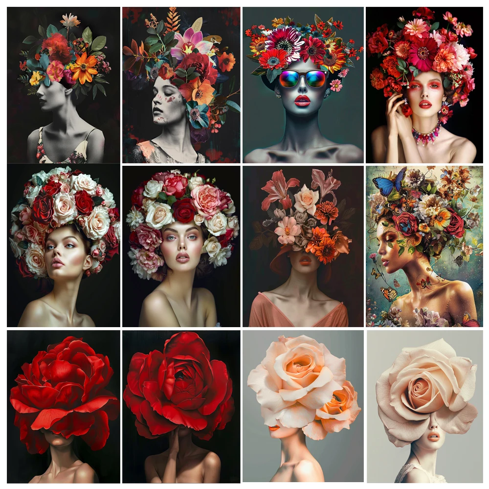 Hand Painting by Numbers Kit Woman With Rose Flower On Her Head Landscape Adult DIY Painting Canva Art Gift Home Decoration