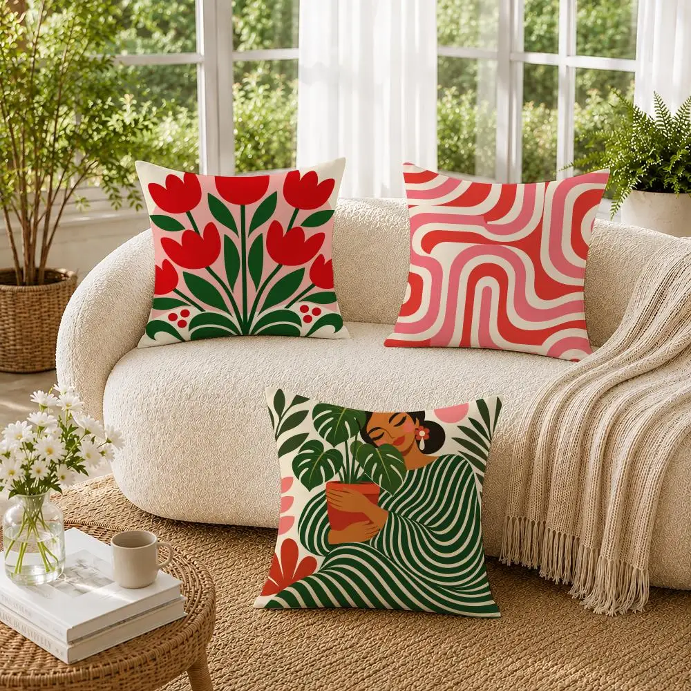 Retro Tulip And Woman Illustration Cushion Cover Soft Pillow Cases Hidden Zipper Cutecore Sofa Bedroom Home Decor Gift