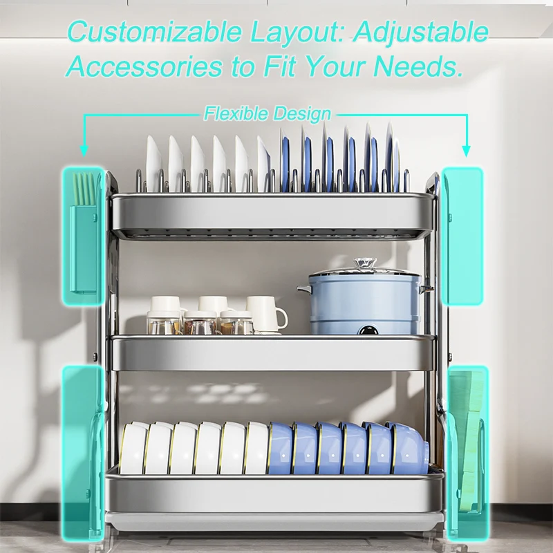 رف الأطباق، رف تجفيف الأطباق من الفولاذ المقاوم للصدأ مع صينية تصريف وحامل أواني، رف أطباق ذو سعة كبيرة للأطباق والأطباق