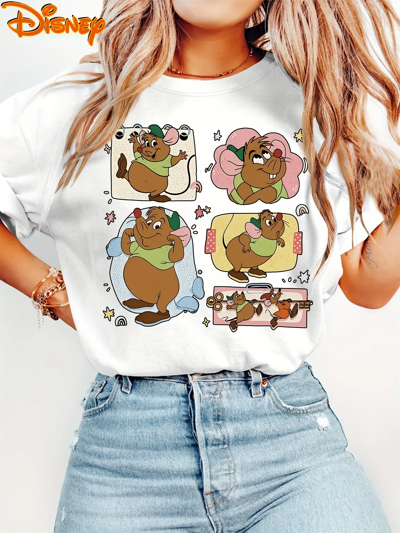 

2025 Disney Pattern Printed Women's Casual Comfortable Unique Smiling Face Black Round Neck Short Sleeve T-shirt