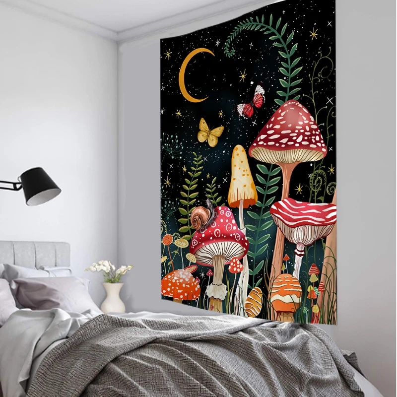 Cartoon Snail Mushroom Tapestry Wall Hanging Starry Sky Psychedelic Witchcraft Hippie Tapiz Aesthetic Room Decor