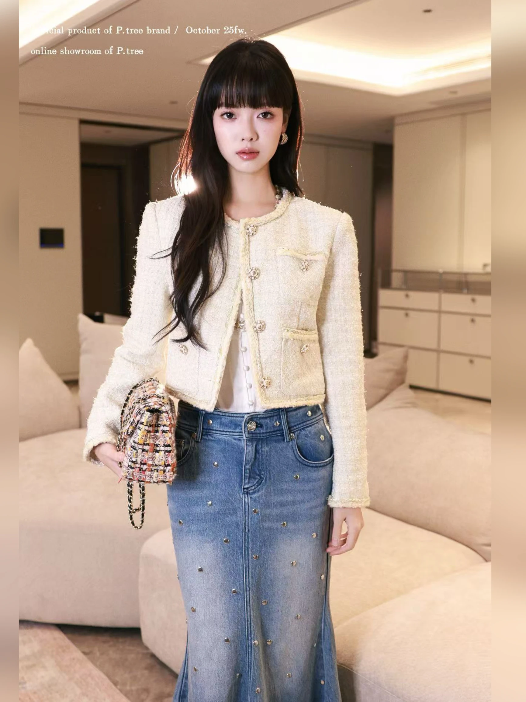 

Женское пальто Ptree ort Cr Tweed с бриллиантовыми пуговицами, роскошное, с эффектом Cloud Glaze, круглый вырез, длинный рукав, премиум-класс