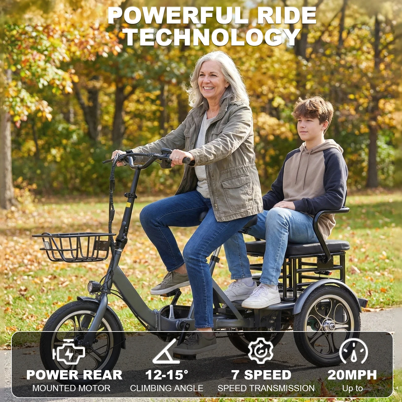 

2-Person Folding Electric Tricycle PEAK 750W Motor 50-Mi Range 48V 15 Removable Battery 7-Speed Electric Trike