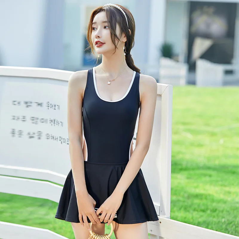 Minsu One-Piece Swimsuit with Boyshorts Sexy Hollow Waist Slim Fit Black Nylon