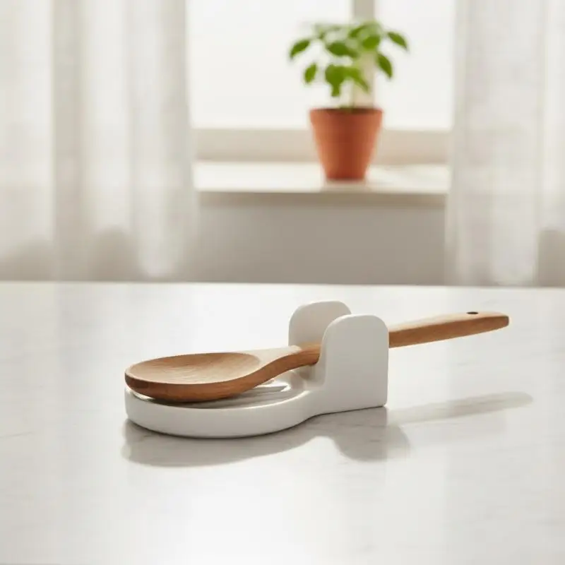 White Minimalist Draining Spoon Holder Heat Resistant Non Slip Kitchen Countertop Spatula Ladle Storage Rack