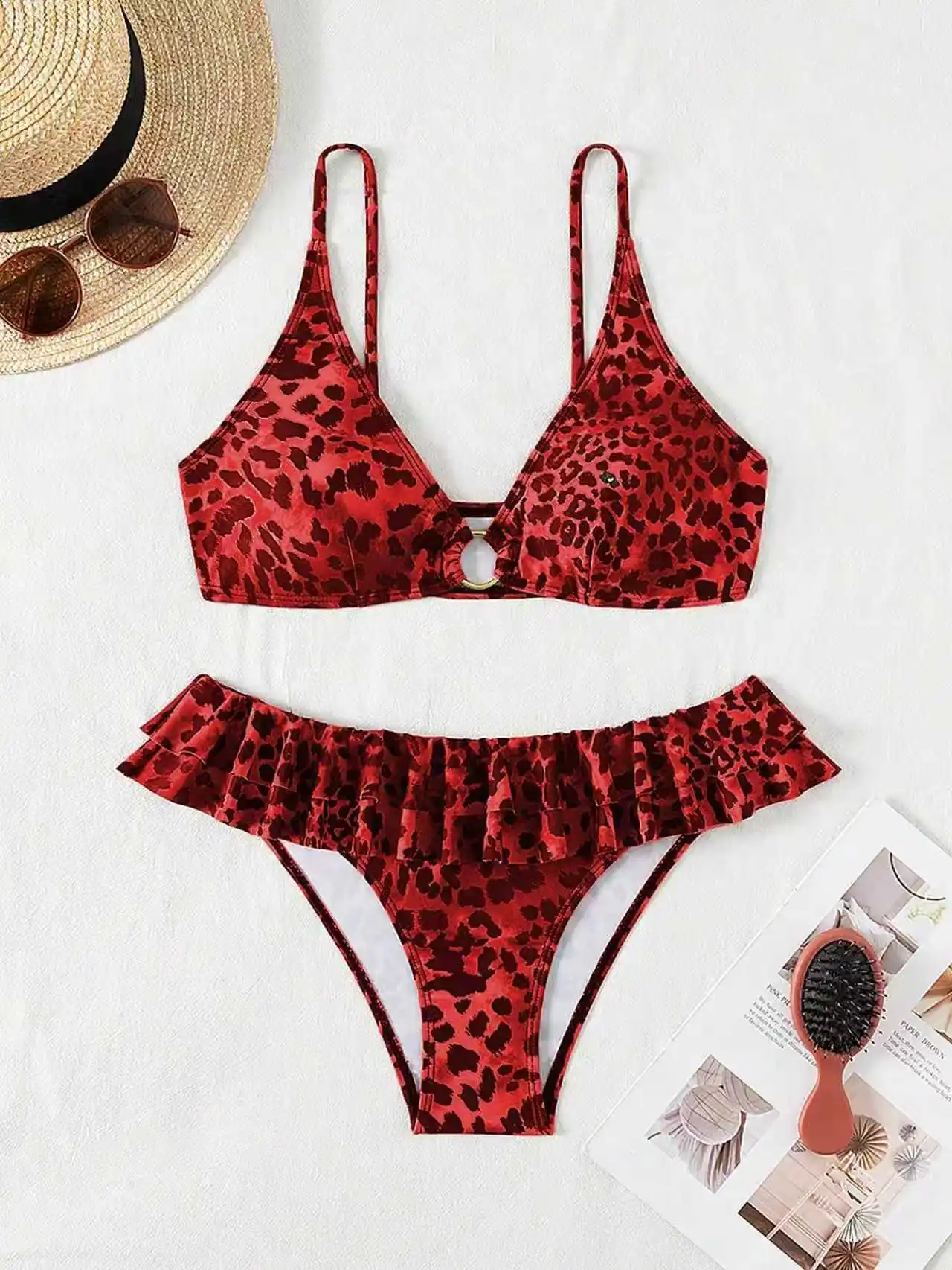 sexy red leopard print ring ruffles bikinis sets two pieces high waist swimsuits bathing suit swimwear biquini tankini trikini