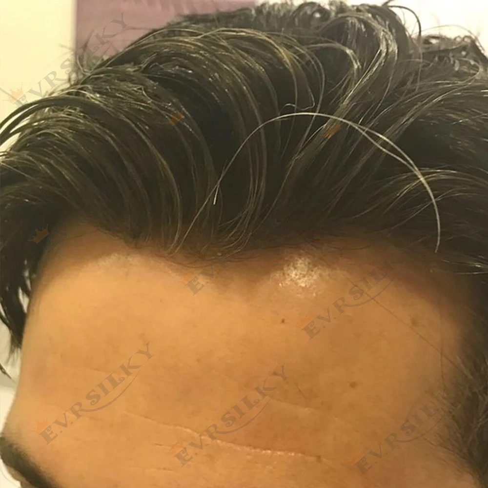 الأوروبي بني داكن كامل بولي PU Microskin قاعدة باروكة من شعر طبيعي دائم شعري طبيعي قطع الشعر رمادي أسود رجالي نظام الشعر المستعار #1