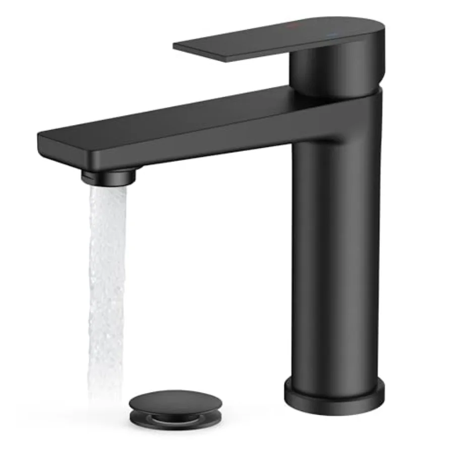 

Black Bathroom Faucet: 1-Hole Single Lever Sink Faucet with Pop-up Drain Supply Line RV Vanity Tap for Lavatory Remodel Matte B