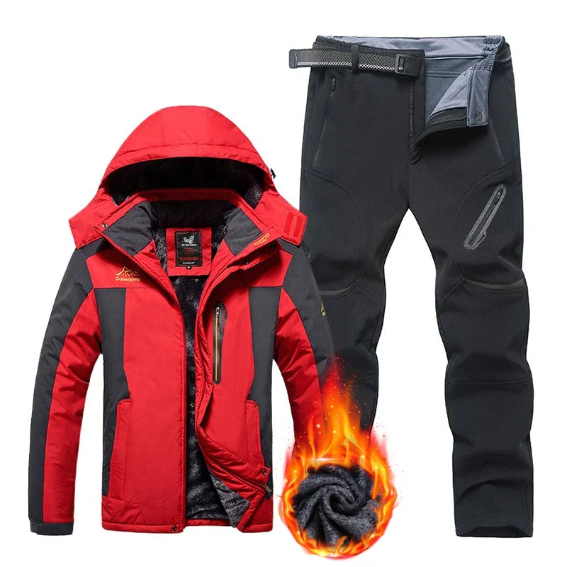 Plus Size Winter Ski Suit for Men Windproof Waterproof Skiing Suits Snowboarding Set Outdoor Fleece Warm Ski Jacket Pants Male