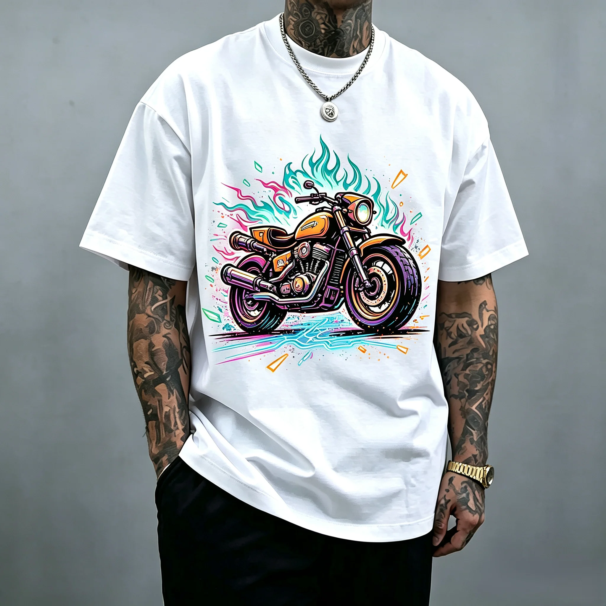 Colorful Orange Vintage Cruiser Motorcycle Flame Graphic T Shirt Unisex Men Women Oversized Front Print Retro Motorbike Hip Hop Biker Casual Short Sleeve Tops