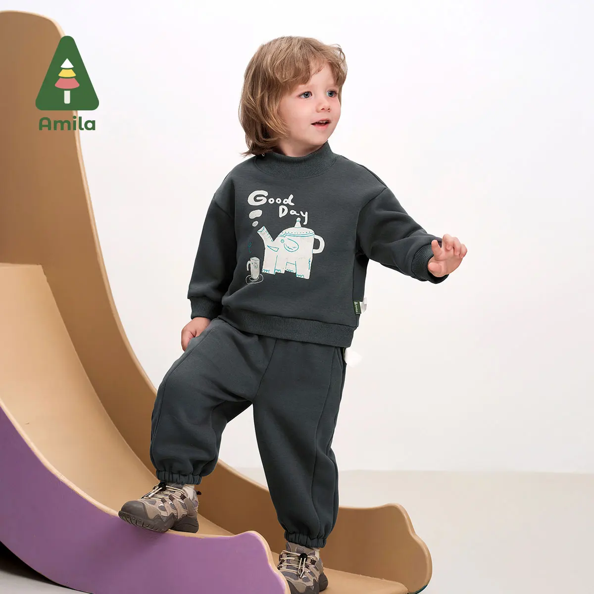 Amila Baby Suit 2024 Winter New High Quality Boys And Girls Cartoon Warm Plus Velvet Sports Loose Casual Children’s Clothing