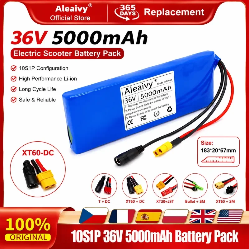 36V 10S1P 5000mAh 5Ah 18650 Lithium Li-ion Battery Pack 20A BMS 500W Rechargeable for Electric Car Bicycle Scooter