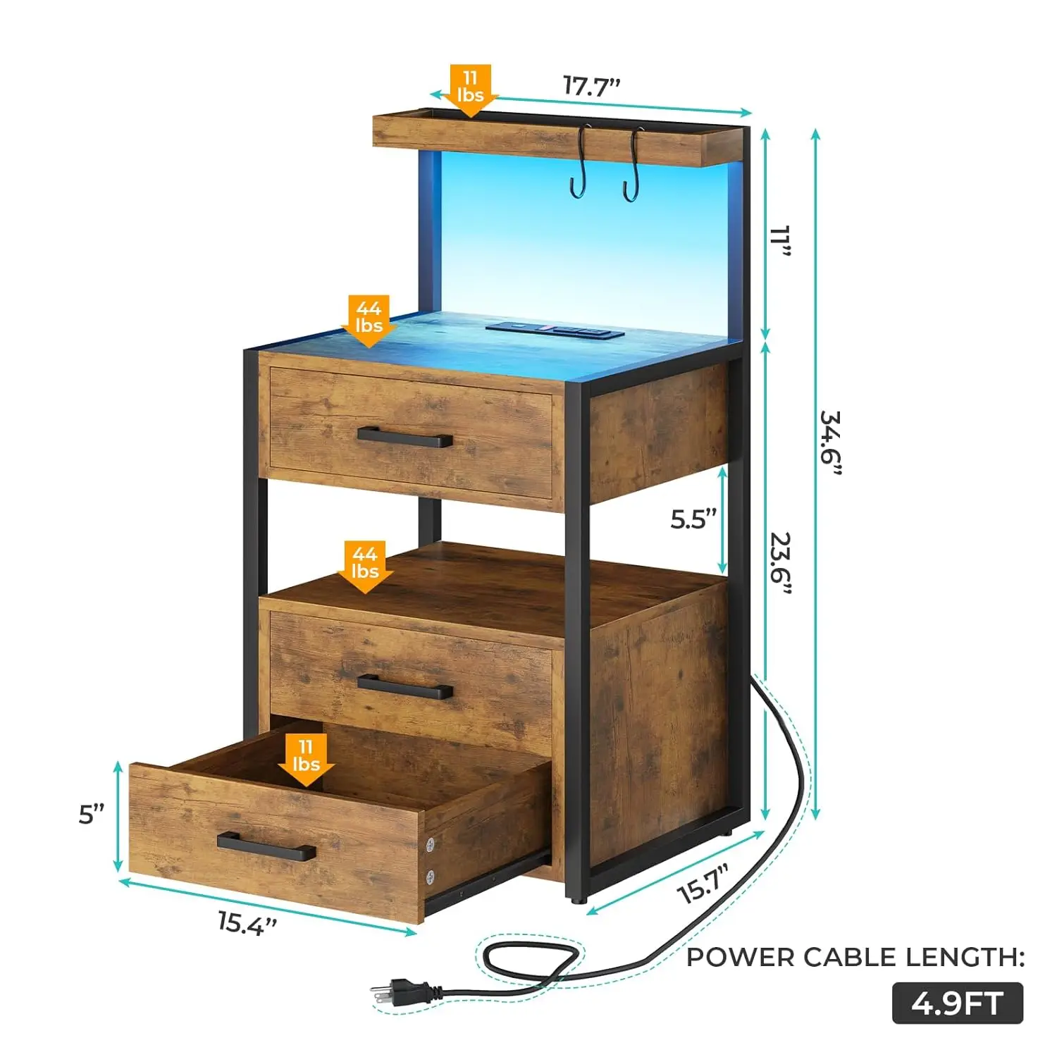 Led Nightstand with Charging Station, 3 Drawers Night Stands with Led Lights