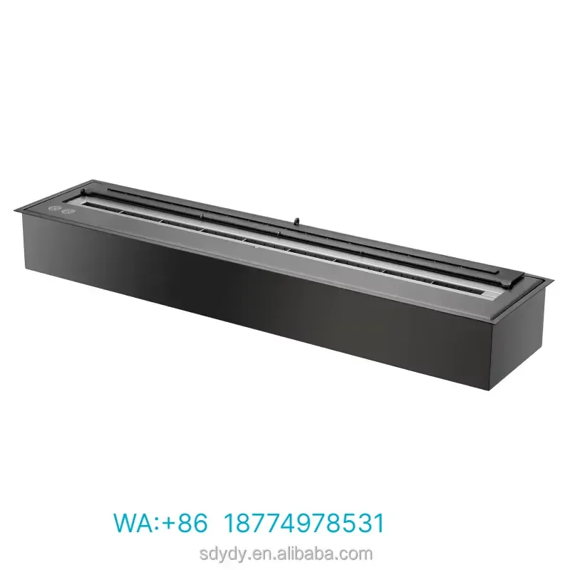 36in Modern Rectangular Bioethanol Fireplace Black Metal Surround Stainless Steel Linear Burner Insert for Living Hotel Villa