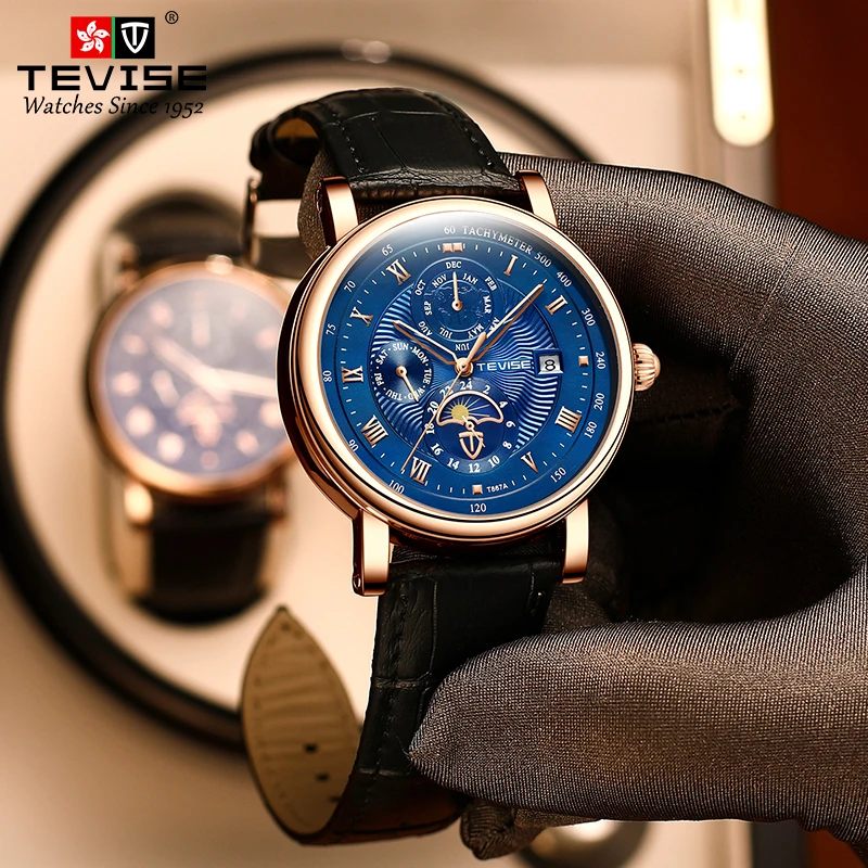 TEVISE T867A Multi-function dial moon phase waterproof leather mechanical watch sports fashion