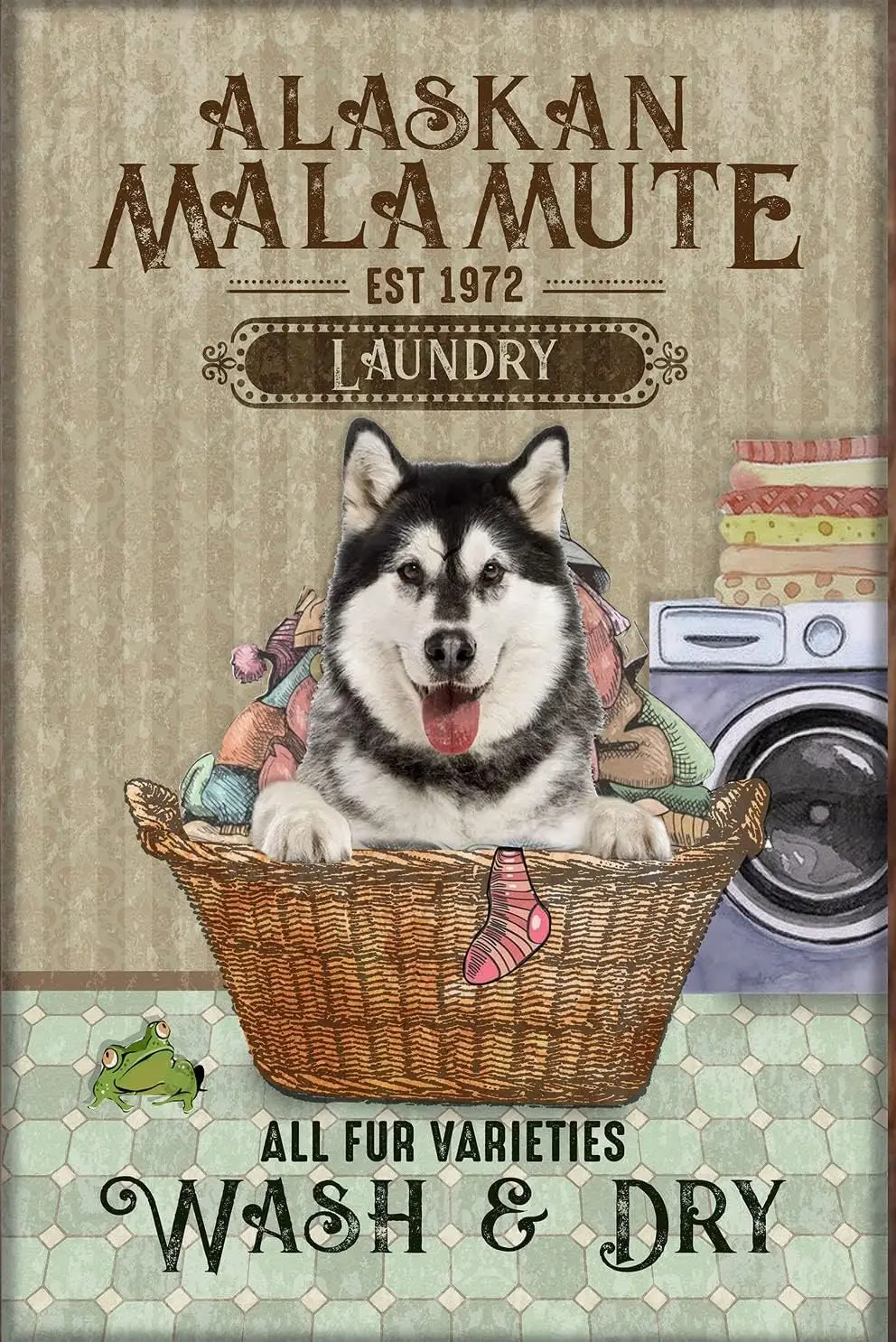 Tin Signs - Alaskan Malamute Dog Wash and Dry Laundry Bathroom Funny Home Decor Vintage Tin Sign for Home & Kitchen Bathroom