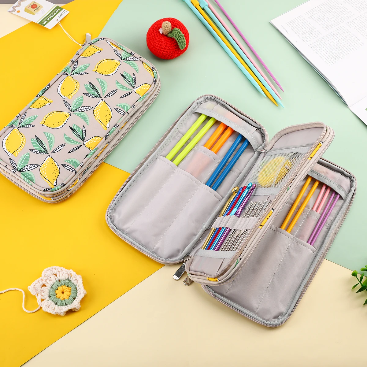 Empty knitting Needles Organizer Yellow Lemon Crochet Hooks Storage Bag Waterproof Rectangle Sewing Tools Accessories Bag