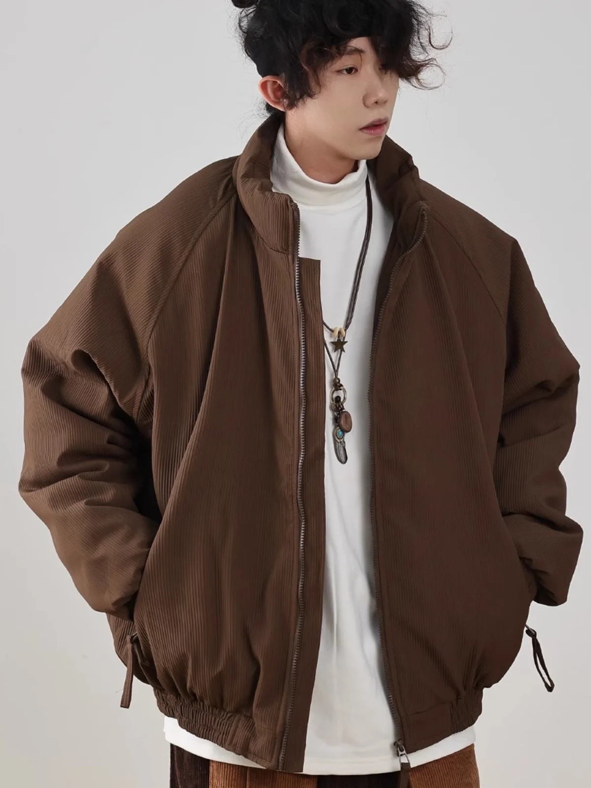 

Warm Cotton Jacket Loose Fit Collared Outerwear for Men And Women Japanese Style Thickened Long Sleeve Zipper Closure