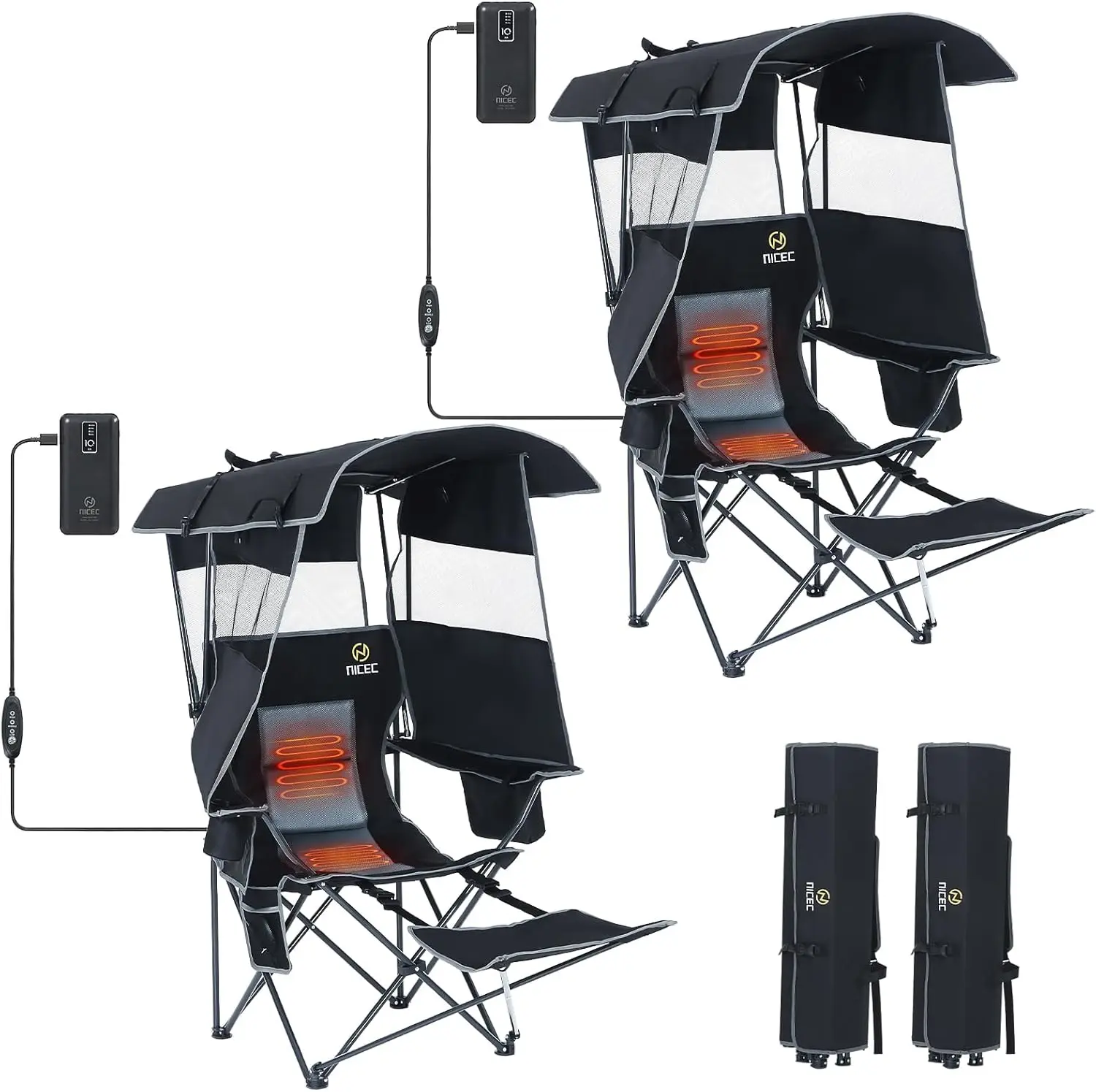 

Heated Camping Chair with Canopy, Rechargeable Battery, Footrest & Shade - 2-Pack for Outdoor Comfort