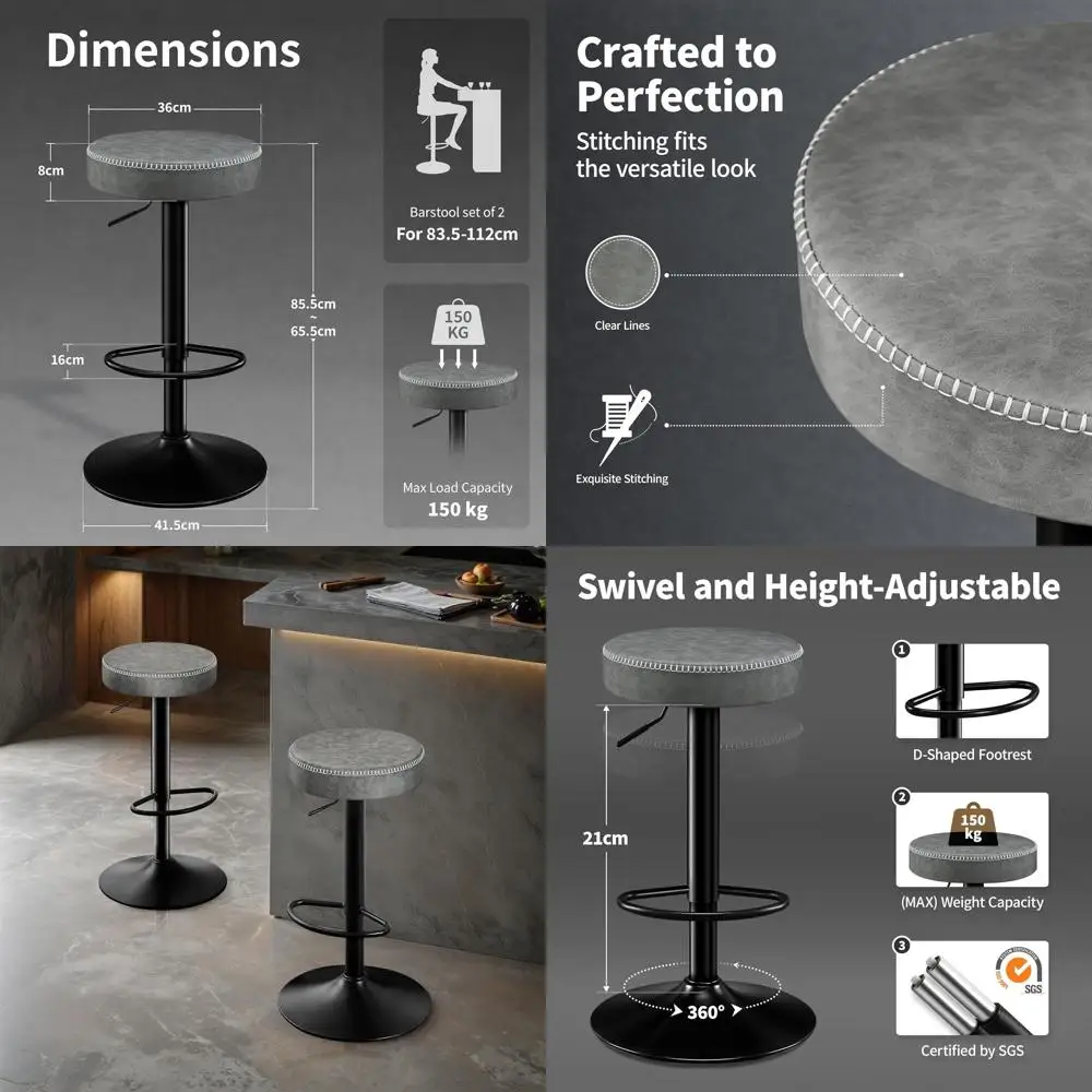 

Set of 2 Grey Microfiber Leather Swivel Bar Stools, 24-33 Inch Adjustable Height for Kitchen Counter, 360° Rotation, Holds 330lb