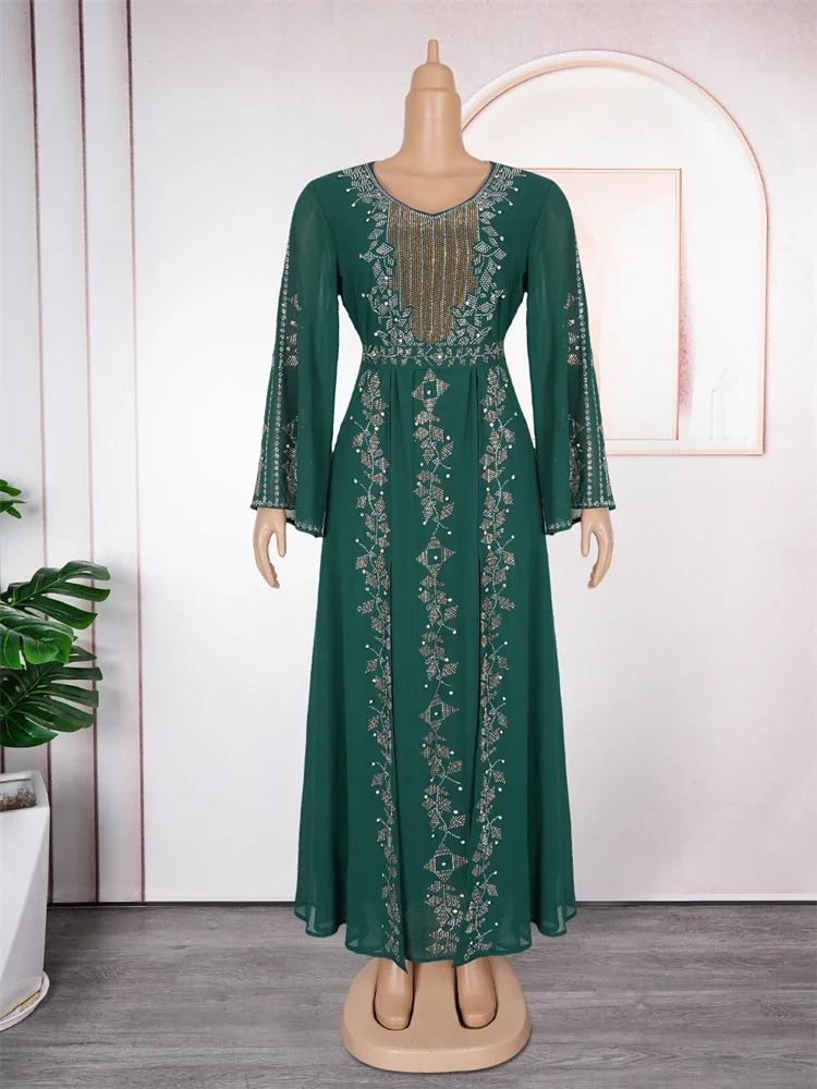 

Elegant Women Evening Dress Long Sleeve Chiffon Maxi Robes Luxury Diamond Party Gowns Dubai Turkey Abayas Caftan Marocaine Femme