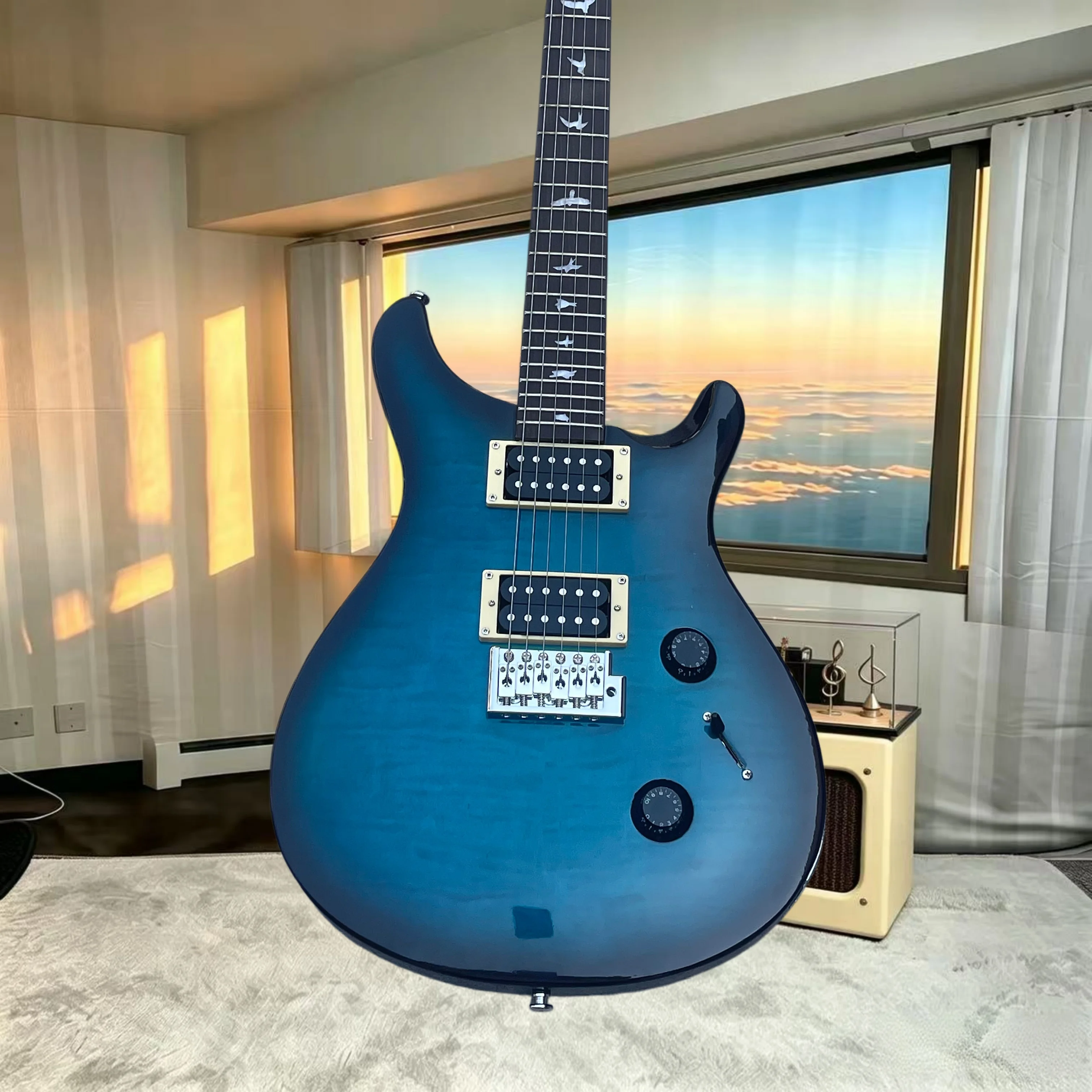 Transparent Blue Flame Maple PRSE Electric Guitar HH Zebra Humbuckers Bird Inlay Fretboard Chrome Hardware Hard‑Rock Blues Pop