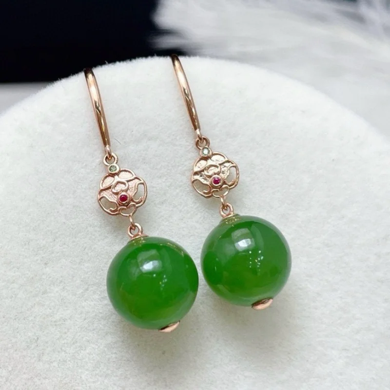 SGARIT Authentic Jadeite 10mm Hetian Jade Round Bead Ear Hooks 18K Gold Setting Oily Luster Smooth Fine Texture Classic Earrings