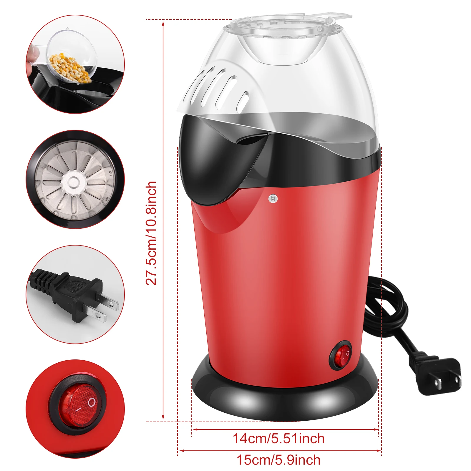 Macchina per Popcorn elettrica da 1200W con coperchio superiore del misurino Mini macchina per Popcorn senza olio ad aria calda per uso domestico