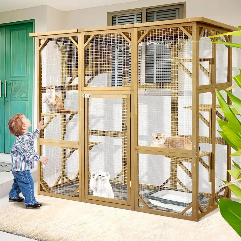 

Large Outdoor Cat House Catio Kitty Enclosure with Large Enter Door, Wooden Cat Cage Condo Indoor Playpen with 6 Platforms & Sma