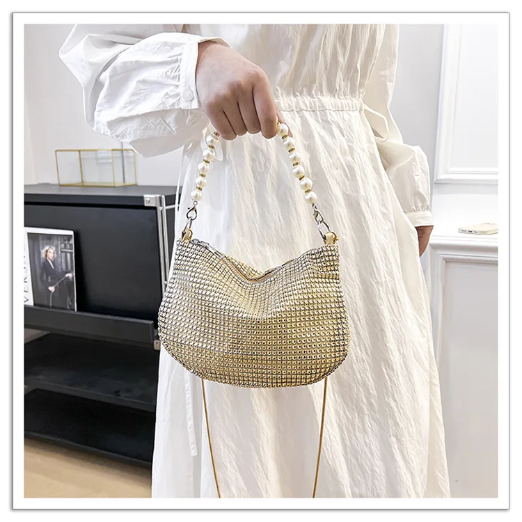 Shining Crystal Ladies Handbags Gold Silver Color Fashion Chain Shoulder Bags For Women Banquet Party Clutches Pearl Handbags