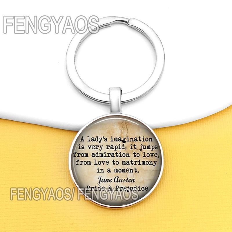 جاين أوستن اقتبس أقراط للباب ، سلاسل مفاتيح للفخر والتحامل ، سلسلة مفاتيح على شكل قبة زجاجية ، مجوهرات نسائية #3