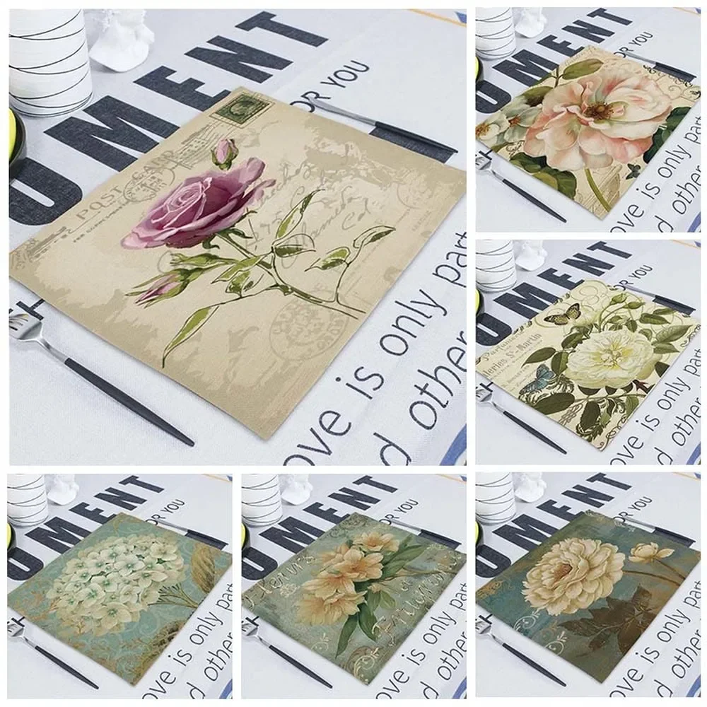 Floral Plant Pattern Kitchen Placemat Coaster Dining Table Mats Linen Pad Bowl Cup Mat 45*32cm Home Decor Napkin Table