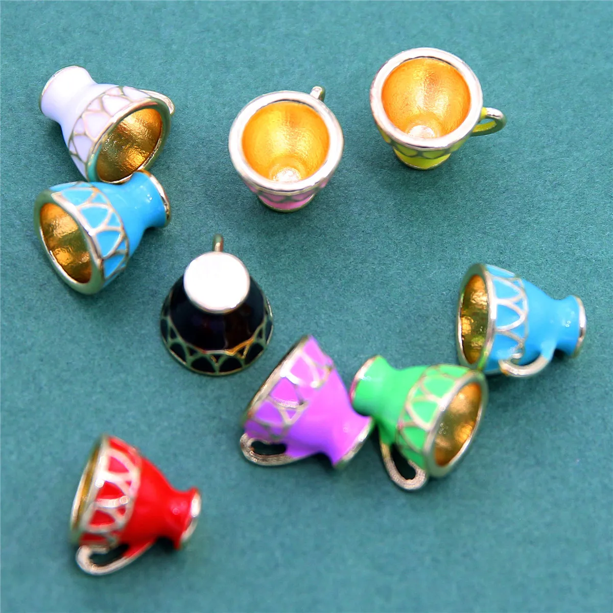 10pcs 16*13mm Mixed Color Enamel Glaze Metal Tea Cup Coffee Cup Pendant DIY Sweater Necklace Pendant, Bracelet Accessories