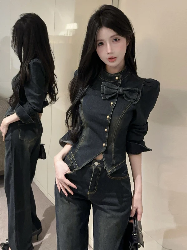 

Sexy Knot Uneven Slim Fit Denim Top High Waist Slimming Distressed Wide Leg Pants Set Women's Fashion Ensemble