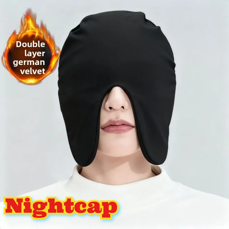 قبعة نوم مخملية حرارية مزدوجة الجوانب للشتاء مقاومة للرياح تحجب الضوء قبعة نوم دافئة لتخفيف الصداع للجنسين أغطية رأس ليلية