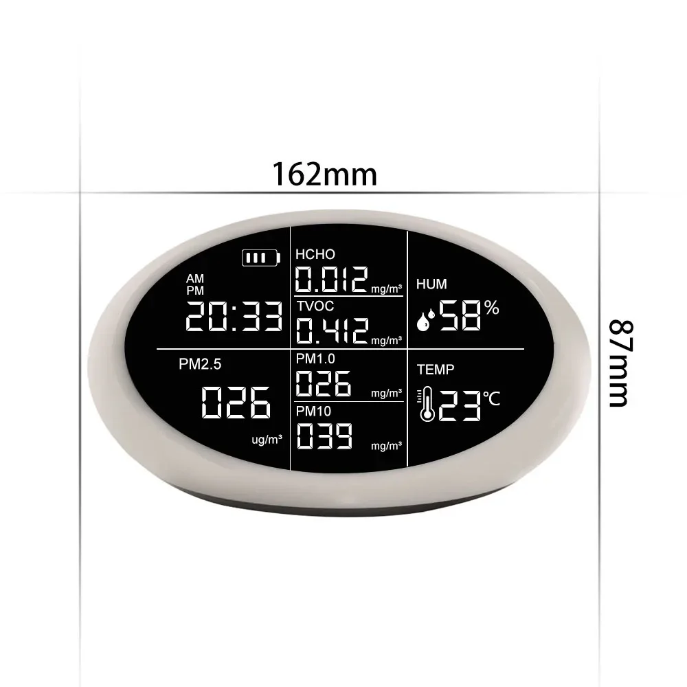 air quality PM 2. 5 laser scattering detection, formaldehyde,  PM 1, PM 10. Temperature hygrometer