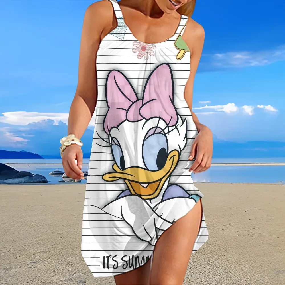 

Popular Colorful Off Shoulder Sleeveless Suspender Skirt Disney Cartoon Pattern Women's Casual Loose Knee-length Beach Skirt