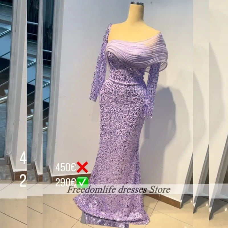 Elegante lila lange Ärmel Meerjungfrau Abendkleider afrikanische Frauen Hochzeit Party Kleid lange Luxus Perlen Prom Kleider angepasst