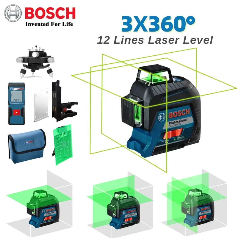 Bosch Laser Level GLL3-60XG 360 Self-Leveling 12 Lines Green Laser High Precision Horizontal & Vertical Line Indoor&Outdoor Tool