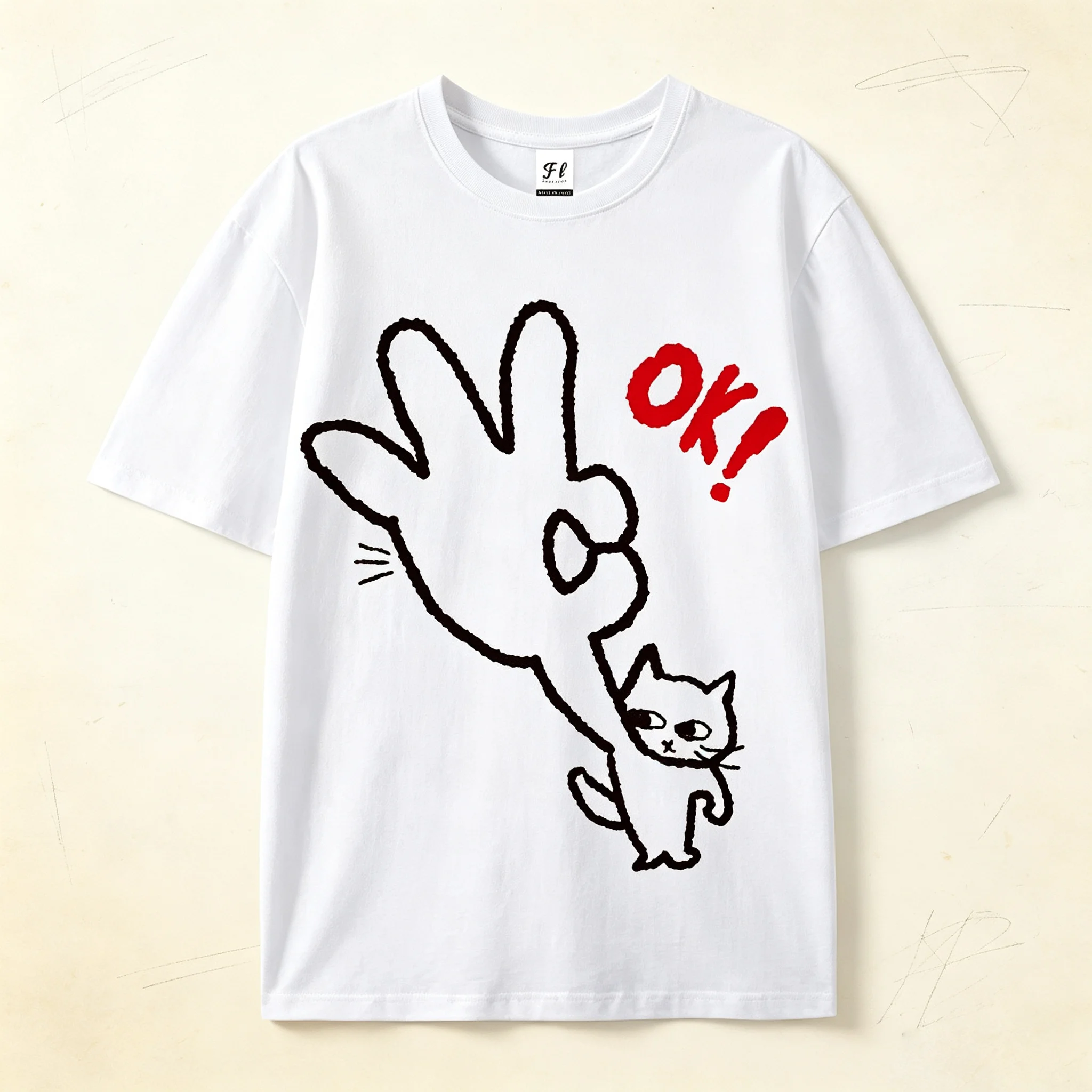 Funny OK Gesture Cat Print T‑Shirt, Cute Doodle Loose Crew Neck Casual Short‑Sleeve Top