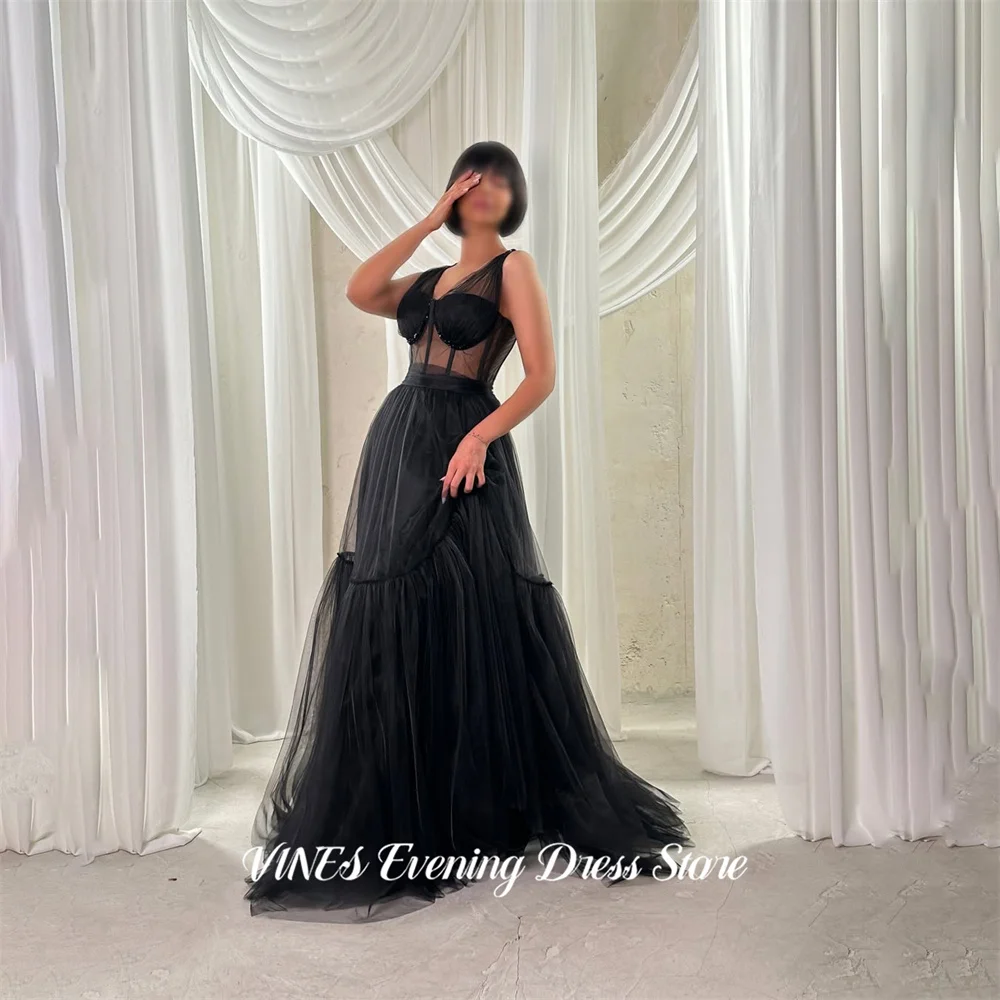 

VINES Black Sexy Party Dress V Neck Tulle Evening Dress Sleeveless فساتين السهرة Floor Length Gala Dress Customized