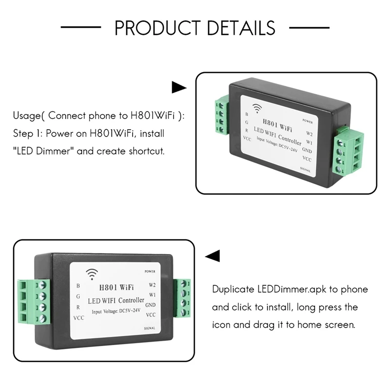 Controlador LED WIFI H801 RGBW, controlador LED RGB, entrada de DC5-24V para cinta de luz LED SMD 5050 2835 3528