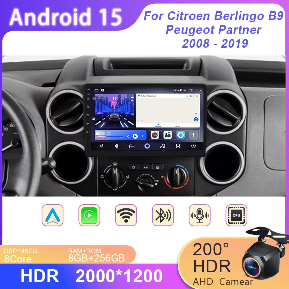 

Android 15 Carplay For Citroen Berlingo 2 B9 Peugeot Partner 2008 2009 2010 -2022 Multimedia Car Radio Player DSP WIFI+4G Stereo