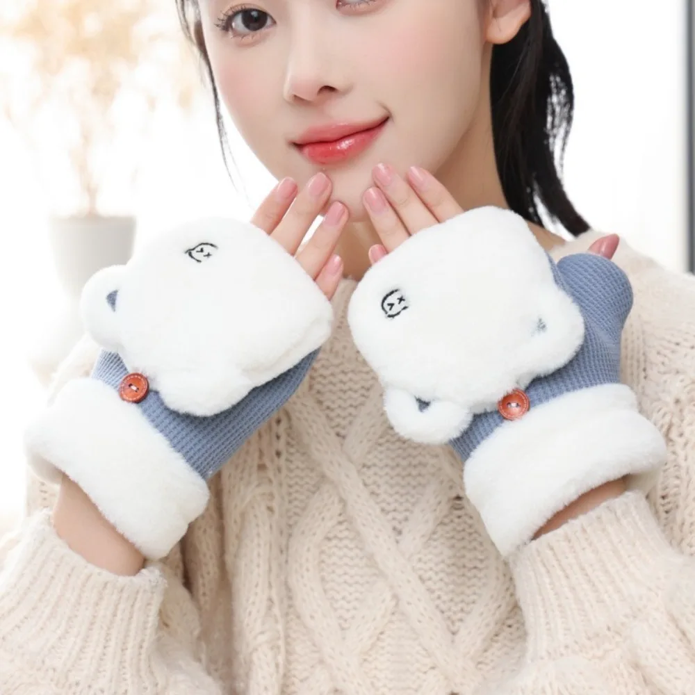 Cute Thickened Half Finger Gloves Warm Plush Winter Mittens Flip Soft Fingerless Gloves Women