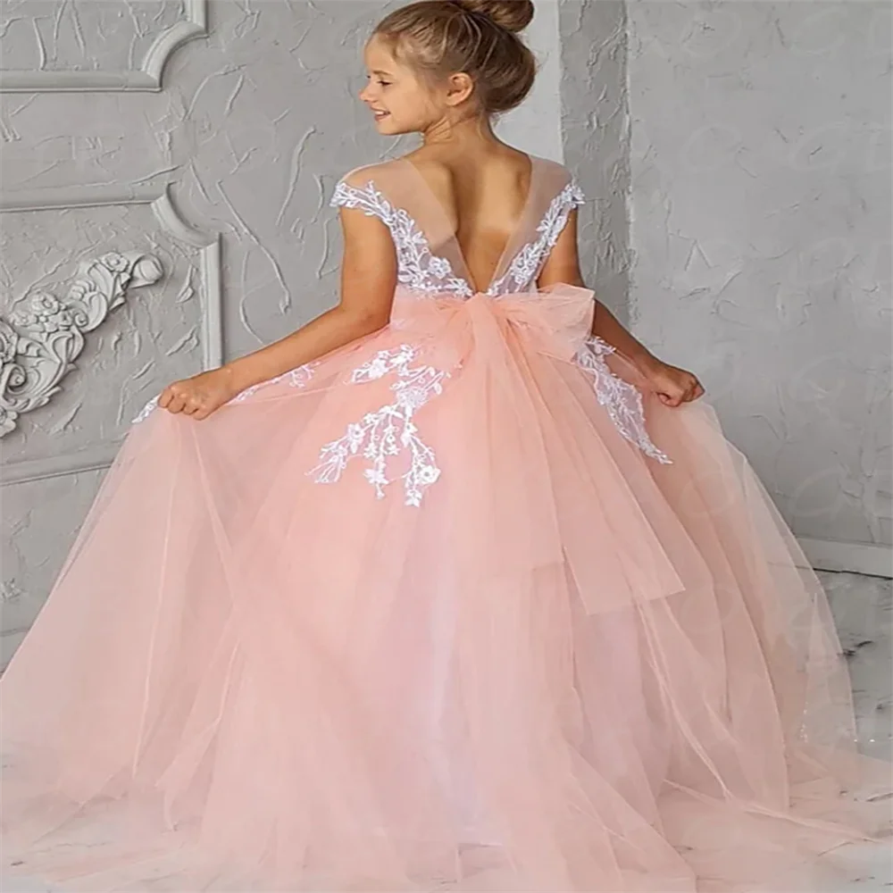 

Pink Flower Girl Dresses For Wedding Tulle Appliques Ball Gown Off The Shoulder Toddler Pageant Gowns First Communion Dresses