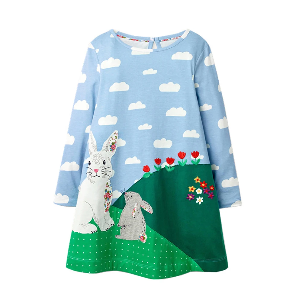 DXTON Long Sleeve Children Dresses For Girls Winter Kids Clothing Toddler Casual Dresses Rabbit Applique Girls Cartoon Vestidos